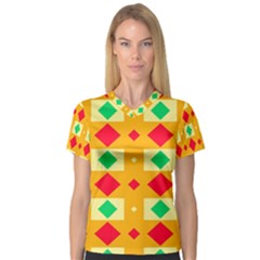 Green Red Yellow Rhombus Pattern Women s V-neck Sport Mesh Tee