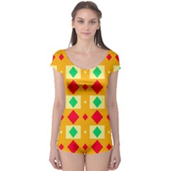 Green Red Yellow Rhombus Pattern Boyleg Leotard (ladies)