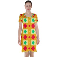 Green Red Yellow Rhombus Pattern Short Sleeve Nightdress