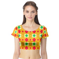 Green Red Yellow Rhombus Pattern Short Sleeve Crop Top by LalyLauraFLM