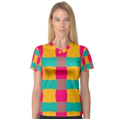 Distorted Shapes In Retro Colors Pattern Women s V-neck Sport Mesh Tee