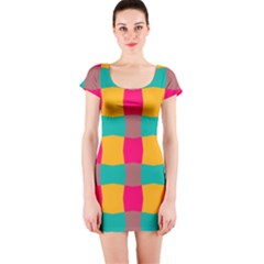 Distorted Shapes In Retro Colors Pattern Short Sleeve Bodycon Dress