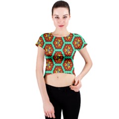 Red Flowers Pattern Crew Neck Crop Top