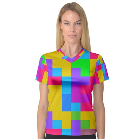 Colorful Tetris Shapes Women s V-neck Sport Mesh Tee by LalyLauraFLM