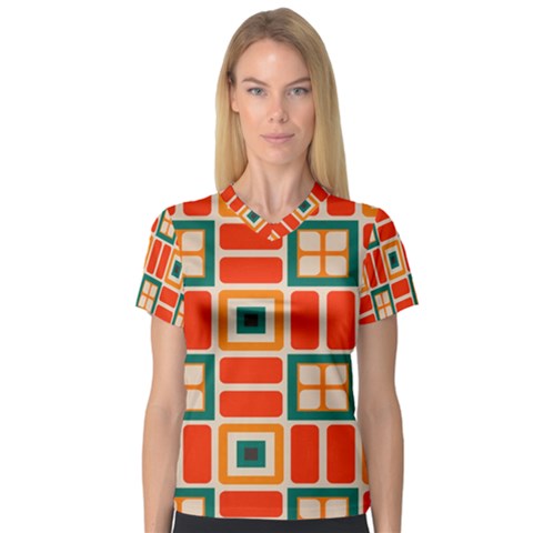 Squares And Rectangles In Retro Colors Women s V-neck Sport Mesh Tee by LalyLauraFLM