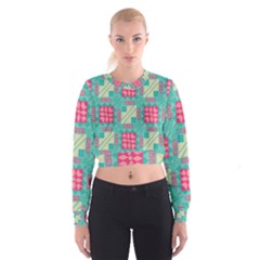 Pink Flowers In Squares Pattern   Women s Cropped Sweatshirt by LalyLauraFLM