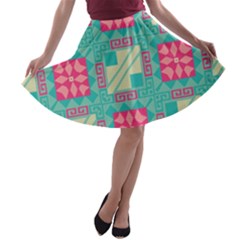 Pink Flowers In Squares Pattern A-line Skater Skirt by LalyLauraFLM