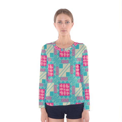 Pink Flowers In Squares Pattern Women Long Sleeve T-shirt by LalyLauraFLM