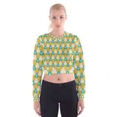 White Blue Triangles Pattern   Women s Cropped Sweatshirt by LalyLauraFLM