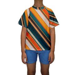 Diagonal Stripes In Retro Colors  Kid s Short Sleeve Swimwear by LalyLauraFLM