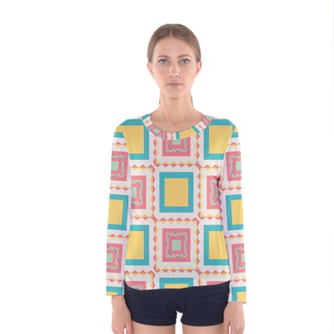 Pastel Squares Pattern Women Long Sleeve T-shirt by LalyLauraFLM