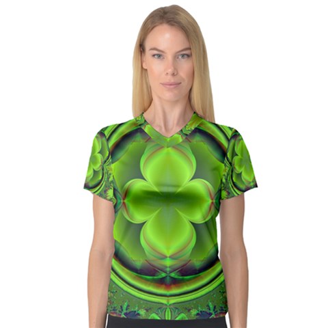 Green Clover Women s V-neck Sport Mesh Tee by Delasel