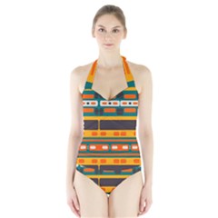 Rectangles In Retro Colors Texture Women s Halter One Piece Swimsuit by LalyLauraFLM