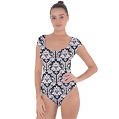 White On Black Damask Short Sleeve Leotard (ladies) by Zandiepants