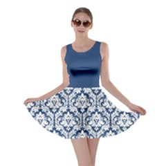 Navy Blue Damask Pattern Skater Dress by Zandiepants