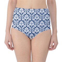 White On Blue Damask High-waist Bikini Bottoms by Zandiepants