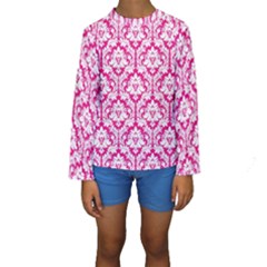 White On Hot Pink Damask Kid s Long Sleeve Swimwear by Zandiepants