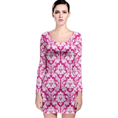 Hot Pink Damask Pattern Long Sleeve Bodycon Dress by Zandiepants