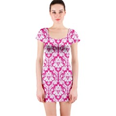 Hot Pink Damask Pattern Short Sleeve Bodycon Dress by Zandiepants