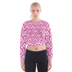 Hot Pink Damask Pattern Women s Cropped Sweatshirt by Zandiepants