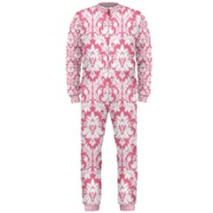 White On Soft Pink Damask Onepiece Jumpsuit (men)  by Zandiepants