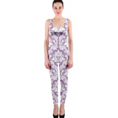 White On Lilac Damask Onepiece Catsuit by Zandiepants