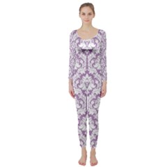 White On Lilac Damask Long Sleeve Catsuit by Zandiepants