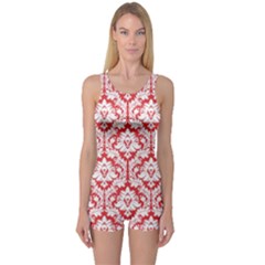 Poppy Red Damask Pattern One Piece Boyleg Swimsuit by Zandiepants