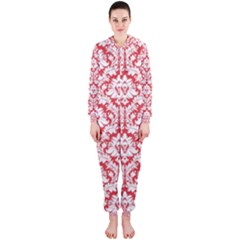 White On Red Damask Hooded Jumpsuit (ladies)  by Zandiepants