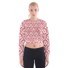 Poppy Red Damask Pattern Women s Cropped Sweatshirt by Zandiepants