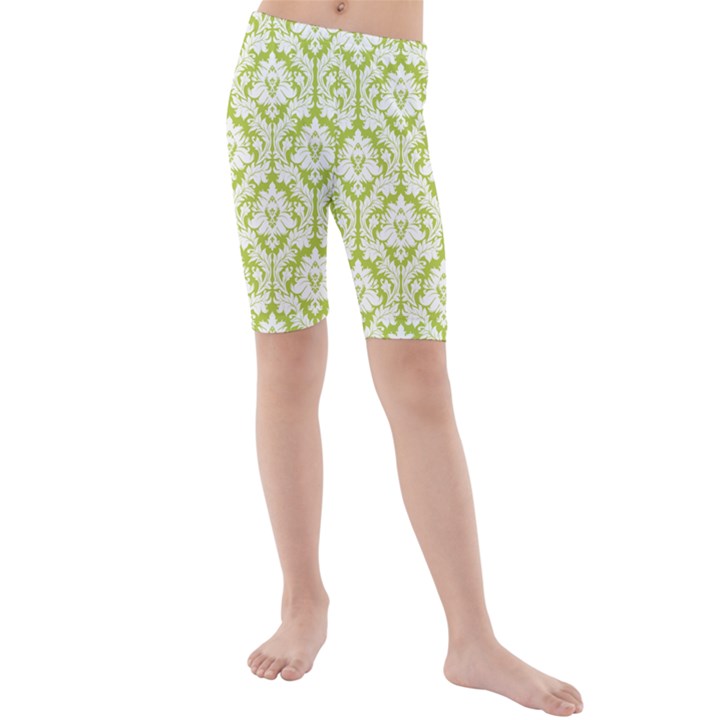 White On Spring Green Damask Kid s Mid Length Swim Shorts