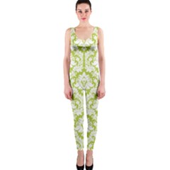 White On Spring Green Damask Onepiece Catsuit by Zandiepants