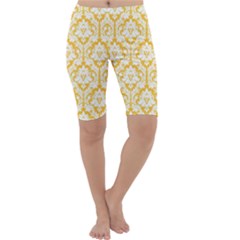 Sunny Yellow Damask Pattern Cropped Leggings  by Zandiepants