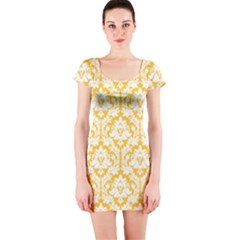 Sunny Yellow Damask Pattern Short Sleeve Bodycon Dress by Zandiepants