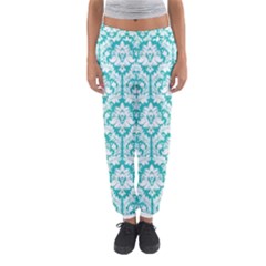 White On Turquoise Damask Women s Jogger Sweatpants by Zandiepants