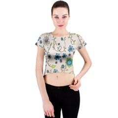 Whimsical Flowers Blue Crew Neck Crop Top by Zandiepants