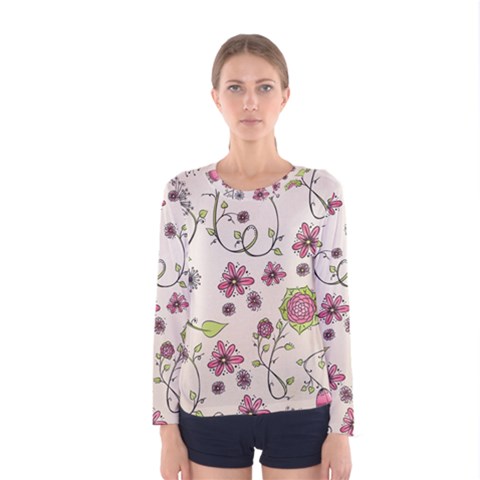 Pink Whimsical Flowers On Beige Women s Long Sleeve Tee by Zandiepants