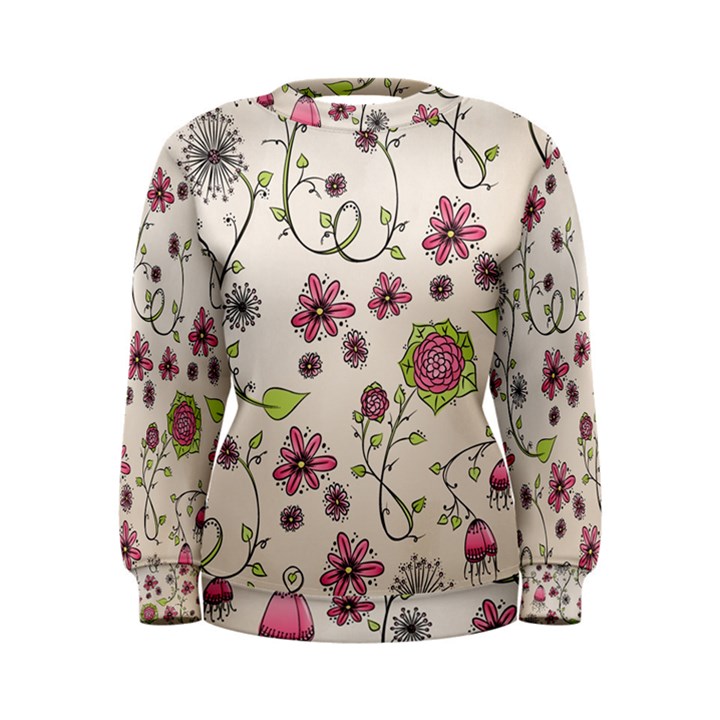 Pink Whimsical flowers on beige Women s Sweatshirt