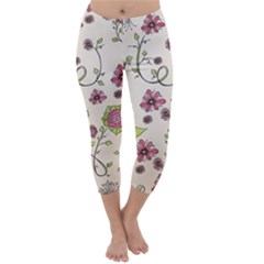 Pink Whimsical Flowers On Beige Capri Winter Leggings  by Zandiepants