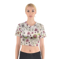 Pink Whimsical Flowers On Beige Cotton Crop Top by Zandiepants