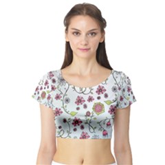 Pink Whimsical Flowers On Blue Short Sleeve Crop Top (tight Fit) by Zandiepants