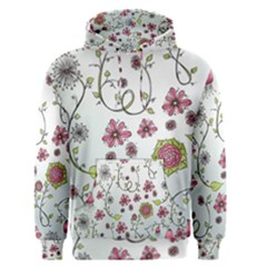 Pink Whimsical Flowers On Blue Men s Pullover Hoodie by Zandiepants