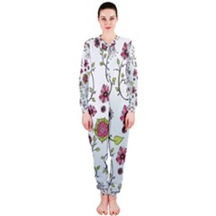 Pink Whimsical Flowers On Blue Onepiece Jumpsuit (ladies)  by Zandiepants