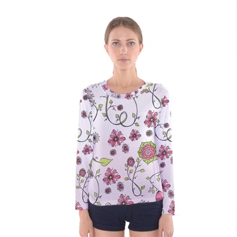 Pink Whimsical Flowers On Pink Women s Long Sleeve Tee by Zandiepants