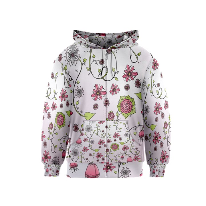 Pink whimsical flowers on pink Kids  Zipper Hoodie