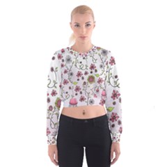 Pink Whimsical Flowers On Pink Women s Cropped Sweatshirt by Zandiepants