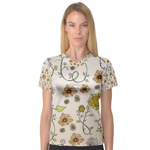 Yellow Whimsical Flowers  Women s V-neck Sport Mesh Tee by Zandiepants