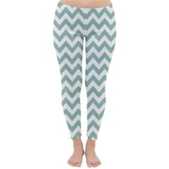 Jade Green And White Zigzag Winter Leggings  by Zandiepants