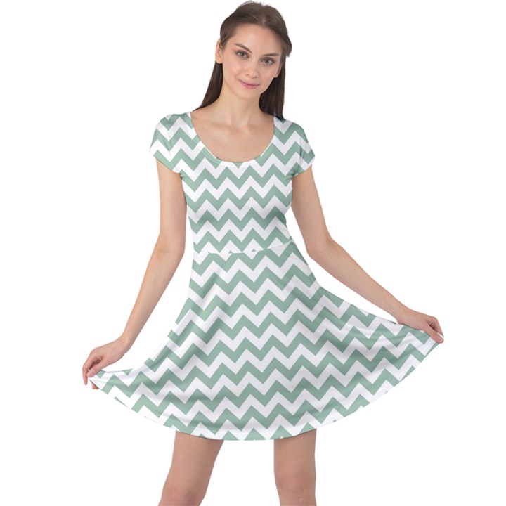 Jade Green And White Zigzag Cap Sleeve Dresses