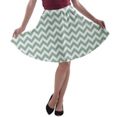 Jade Green And White Zigzag A-line Skater Skirt by Zandiepants